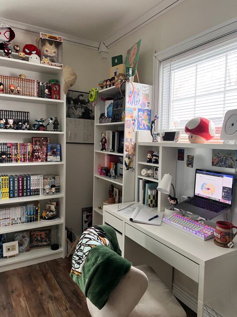 kpop | anime | room tour | manga | funkos | figures | bedroom Office With Pet Space, Room Desk Ideas Aesthetic, Minimalistic Anime Room, Maximalist Kpop Room, Room Idea Anime, Anime Maximalist Room, Anime Room Inspo Aesthetic, Room With Desk Ideas Bedroom, Room Inspiration Anime