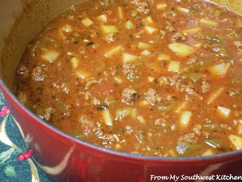 From My Southwest Kitchen: Green Chili Stew Green Chili With Ground Beef, Green Chili Stew With Ground Beef And Potatoes, Green Chili Beans, Rudy’s Green Chili Stew, Green Chile Stew New Mexico Ground Beef, Ground Beef And Green Chili Recipes, Ground Beef Green Chili Stew, Hamburger Green Chili Recipes, Green Chile Stew With Ground Beef