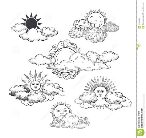 Illustration about Sun with clouds Doodle Hand Drawn Collection. Illustration of rain, cloud, object - 63104663 Highlighter Art Ideas, Sun With Clouds Tattoo, Clouds Doodle, Line Art Sun, Drawn Clouds, Sun Doodles, Black Line Art, Sun Drawing, Collection Illustration