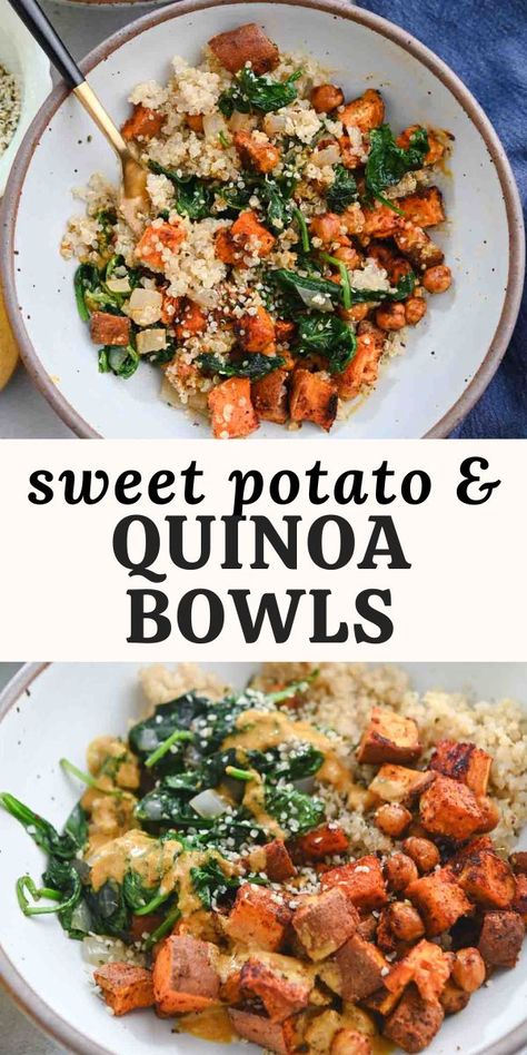 Chickpea, sweet potato and quinoa bowls are perfect for meal prep and make ahead lunches. They feature seasoned roasted sweet potatoes, two sources of plant-based protein, and a zesty lemon-almond sauce. This recipe is vegan & gluten-free. Essen, Sweet Potato And Quinoa, Chickpea Sweet Potato, Almond Sauce, Sweet Potato Quinoa, Sweet Potato Bowls, Quinoa Sweet Potato, Quinoa Bowls, Healthy Bowls Recipes