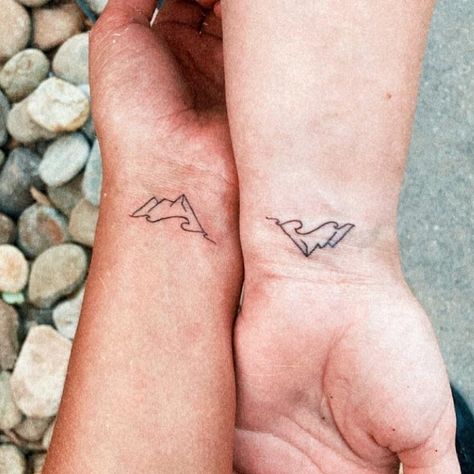 Friend Mountain Tattoo, Wave And Mountain Matching Tattoo, Camping Matching Tattoo, Best Friend Tattoos Mountains, Matching Wave Tattoos Couples, Tattoos For Mountain Lovers, Small Wave And Mountain Tattoo, Mountain And Wave Best Friend Tattoo, Micro Sister Tattoos