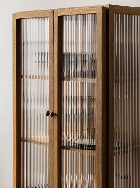 Small Storage Shelves, Traditional Joinery, Glass Cupboard, Glass Closet, Curiosity Cabinet, Capsule Hotel, Reeded Glass, Fluted Glass, Wooden Cabinet