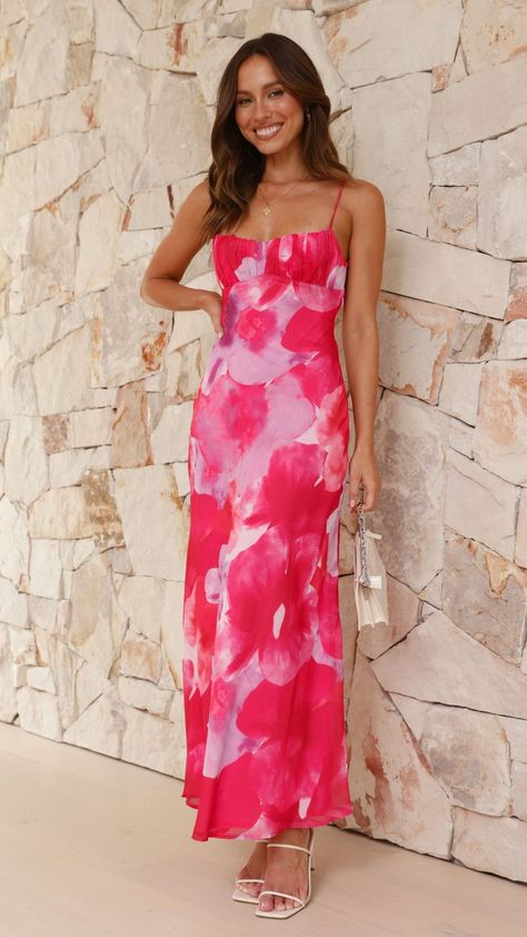 Addison Maxi Dress - Pink Floral - Buy Women's Dresses - Billy J Bridal Shower Dress Guest, Tropical Party Outfit, Pink Wedding Guest Dresses, Pink Dress Outfits, Classy Going Out Outfits, Summer Wedding Outfits, Bridal Shower Dress, Bali Wedding, Tropical Dress