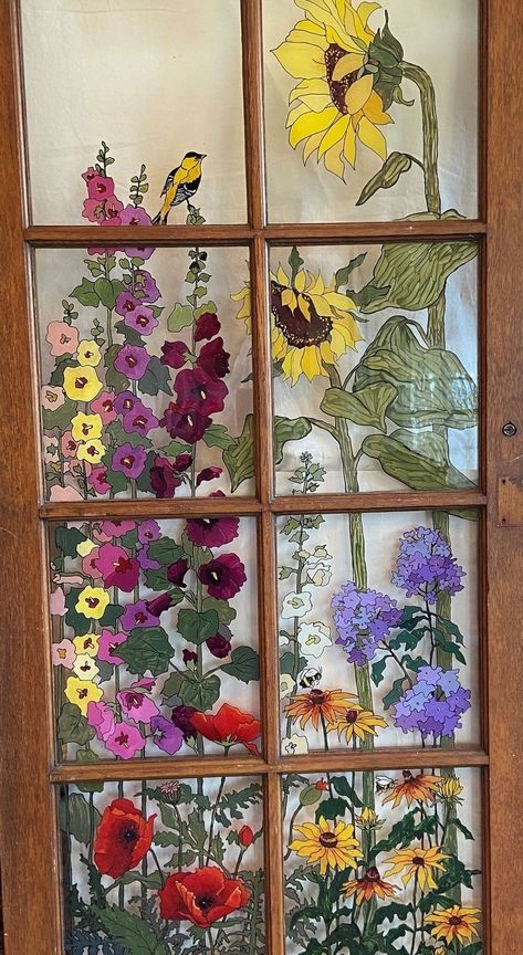 Painted Window Art, July Decoration, Flower Door, Window Crafts, Grandma's Garden, Garden Window, Grandmas Garden, Glass Window Art, Garden Windows