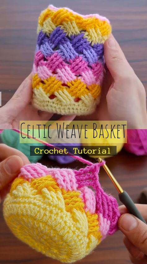 Crochet Celtic Weave Basket Dnd Crochet, Crochet Celtic, Crochet Vests, Basket Weave Crochet, Mini Baskets, Basket Flowers, Weave Basket, Basket Collection, Crochet Basket Pattern Free