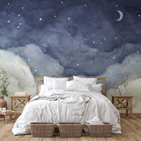 Bedroom Wallpaper Decor, Crescent Moon Watercolor, Watercolor Wall Mural, Moon Watercolor, Sky Ceiling, Ceiling Murals, Serene Bedroom, Bedroom Wallpaper, Starry Night Sky