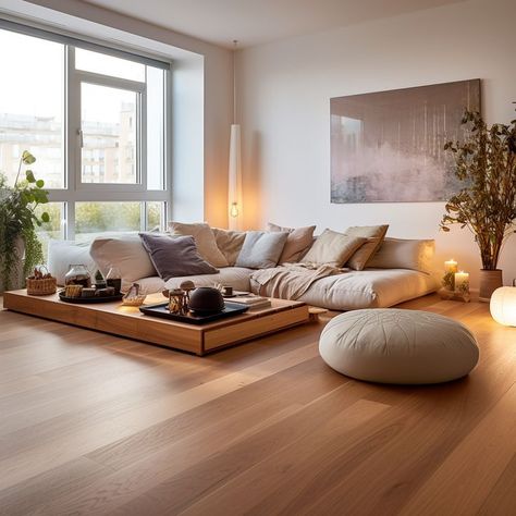 Floor Seated Living Room, Cozy Living Rooms Floor Seating, Low Tables Living Room, Low Rise Sofa, Floor Cushion Living Room Ideas, Floor Level Sofa, Low Level Living Room, Low Rise Coffee Table, Japandi Floor Seating