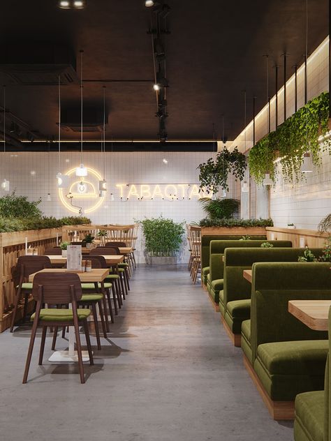 Country Style Restaurant, Restaurant Green Wall, Earthy Restaurant Design, Modern Farmhouse Restaurant, Boho Cafe Decor, Green Restaurant Interior, Cafe Layout, Restaurant Design Ideas, Restaurant Design Concepts