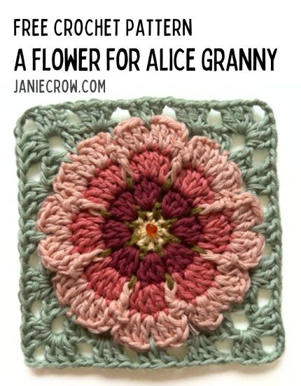 A free crochet pattern of a granny. Do you want to crochet a floral granny? Read more about the Free Crochet Pattern a Flower For Alice. Floral Granny Square Pattern, Rose Granny Square Pattern Free, Crochet Tiles, Floral Granny Square, Kare Motif, Granny Square Pattern Free, Crochet Flower Squares, Shower Puff, Flower Granny Square