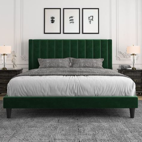 Amazon.com: Allewie Queen Bed Frame/Velvet Upholstered Bed Frame with Vertical Channel Tufted Headboard/Strong Wooden Slats/Platform Bed Frame/Mattress Foundation/Box Spring Optional/Easy Assembly/Green : Home & Kitchen Bed Frame Velvet, Channel Tufted Headboard, Leather Upholstered Bed, Best Platform Beds, Fabric Upholstered Bed, Steel Bed Frame, Bed Platform, Velvet Headboard, Queen Size Platform Bed