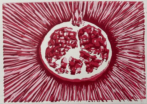 #pomegranate #art Granada, Print Painting Ideas, Pomegranate Drawing, Reduction Lino Print, Aesthetic Painting Ideas On Canvas, Painting Ideas On Canvas Aesthetic, Ideas For Drawing, Aesthetic Painting Ideas, Pomegranate Art