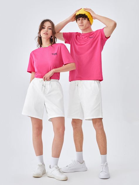 White Casual   Cotton Plain Straight Leg Embellished Non-Stretch Spring/Summer/Fall Men Bottoms Face Contouring, Photoshoot Poses For Men, Merch Shoot, Active Wear Photoshoot, Oversized Tee Outfit, Summer Uniform, Drawstring Waist Shorts, Photoshoot Concept, Branding Photoshoot