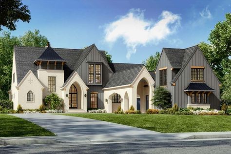 What do you think of... - Architectural Designs - House Plans House Plans Big Windows, 4000 Sq Ft House Plans, Modern Tudor House Plans, Transitional French Country, Pacific Natural, Transitional House Plans, Covered Entry, Beautiful Exterior, Transitional Exterior