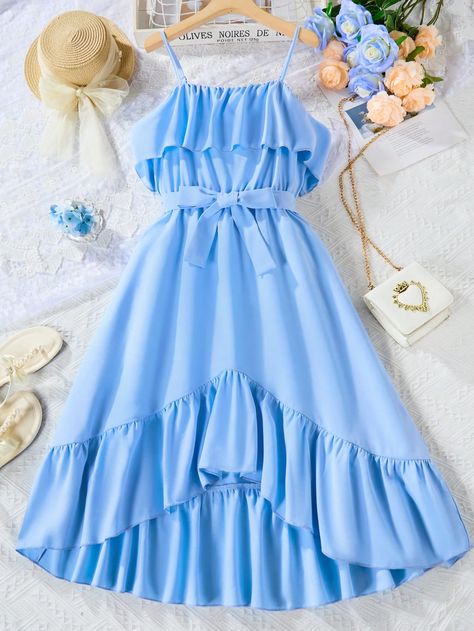 Blue Cute Collar Sleeveless Polyester Plain Cami Embellished Slight Stretch  Teen Girls Clothing Light Blue Dress Outfit, Light Blue Sundress, Teen Girls Dresses, Blue Dress Outfits, Madeleine Fashion, Light Blue Dress, Preppy Summer Outfits, Frock For Women, Teen Girl Dresses