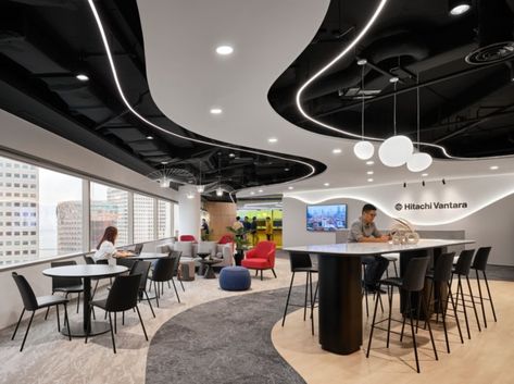 Hitachi Vantara Offices - Singapore | Office Snapshots Modern Office Space Design, Baffle Ceiling, Office Things, Office Ceiling, Modular Lounge, Lounge Office, Open Ceiling, Interior Columns, Recessed Downlight