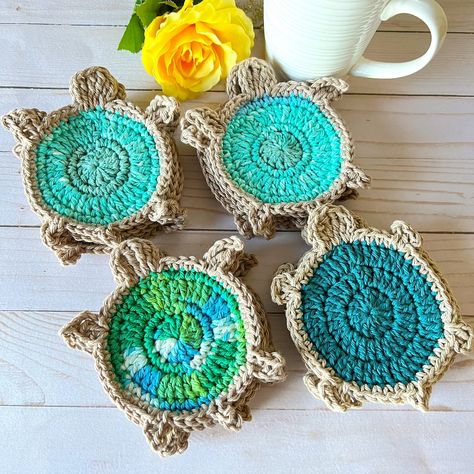 Turtles Crochet, Turtle Coasters, Turtle Coaster, Coastal Crochet, Beach Coasters, Coffee Home, Crochet Beach, Turtle Design, Crochet Design