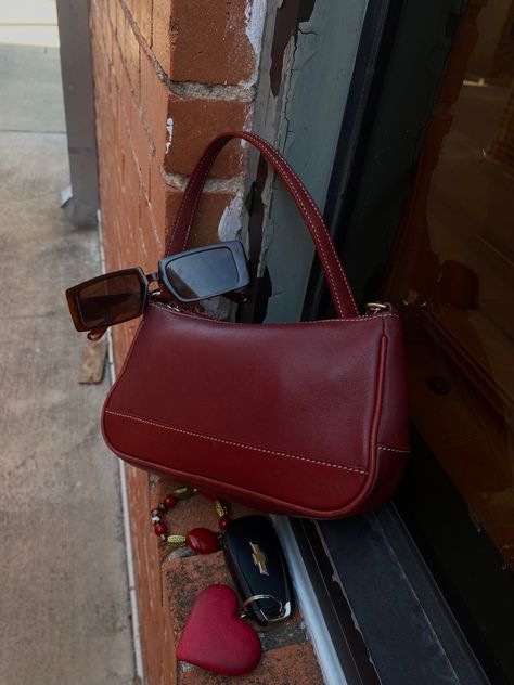 Purse Leather Bag, Fall Cherry Red, It Girl Handbags, Red For Fall, Red Purse Outfit Fall, Red Mini Purse, Red Shoulder Bag Aesthetic, Black And Red Purse, Cherry Red Shoulder Bag