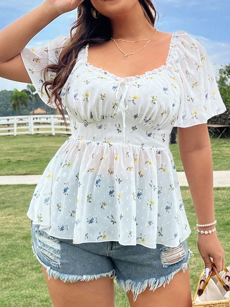 White Boho Collar Short Sleeve Woven Fabric Floral,Ditsy Floral,All Over Print Peplum Embellished Non-Stretch  Women Plus Clothing Peplum Plus Size, Plus Size Peplum Top, Plus Size Peplum, White Floral Blouse, Plus Size Floral, Fabric Floral, Ditsy Floral, Plus Size Blouses, Kids Beachwear