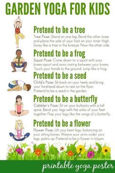 Yoga for kids - perfect for Spring! These poses are great for preschoolers and young children. Garden Crafts For Kids, Preschool Garden, Forest School Activities, Free Poster Printables, Garden Activities, Nature School, Nature Camping, Outdoor Classroom, Pose Yoga