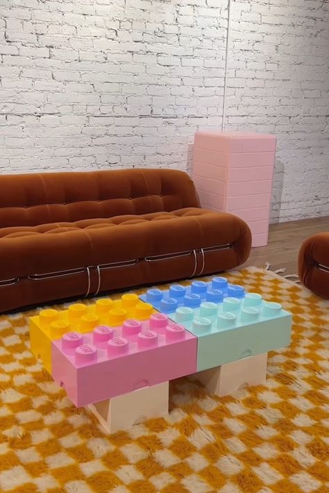 lego table house decor funky decor 🥰 #legotable #funkytable #funkydecor #aesthetic #decor #legos Name Brand Room Decor, Lego Coffee Table, Deco Lego, Funky Living Room, Lego Storage Brick, Funky Room, Memphis Art, Funky Living Rooms, Lego Decorations