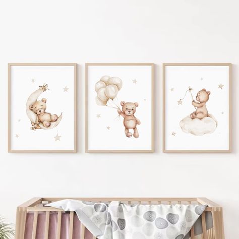 Nursery Pictures Wall, Boy Nursery Prints, Cloud Artwork, Pictures Wall Decor, Bear Canvas, Nursery Prints Boy, Bear Paintings, Nursery Pictures, Bear Drawing