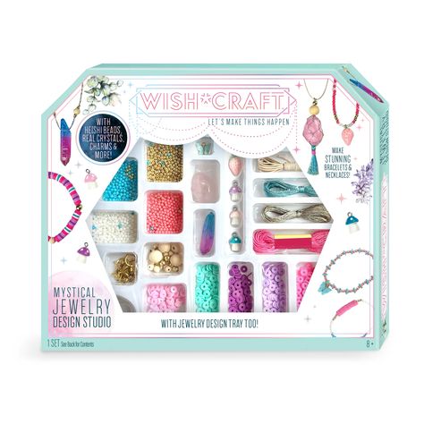 Buy the Wish Craft™ Mystical Jewelry Studio Kit at Michaels. com. The Wish Craft Mystical Jewelry Studio has beautiful heishi beads, real crystals, trendy mushroom, strawberry, and butterfly charms and more! The Wish Craft Mystical Jewelry Studio has beautiful heishi beads, real crystals, trendy mushroom, strawberry, and butterfly charms and more! Enough materials to make 20+ bracelets and necklaces. The instructions teach you different techniques. including how to make a macramé-crystal pendant Bead Storage, Jewelry Design Studio, Real Crystals, Strawberry Charm, Striped Art, Mystical Jewelry, Trendy Bracelets, Bright Stripes, Bracelets And Necklaces
