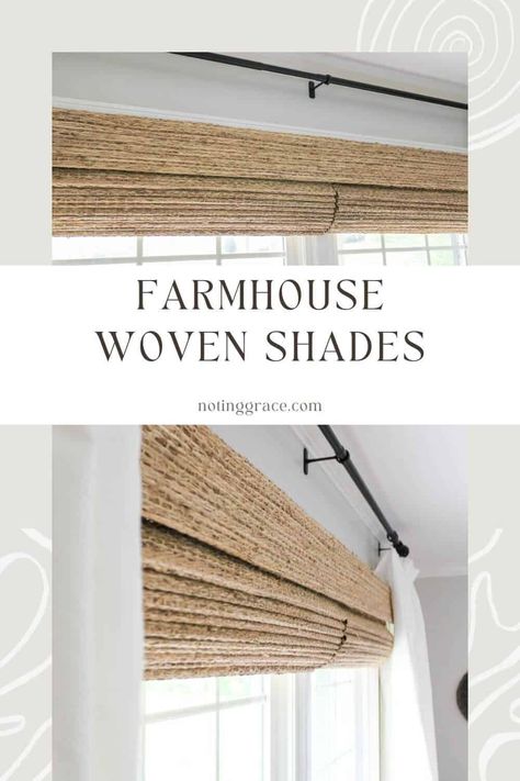 Farmhouse Woven Shades, Modern Farmhouse Window Treatments, Natural Window Treatments, Farmhouse Roman Shades, Woven Roman Shades, Oasis Decor, Woven Blinds, Dining Room Window Treatments, Dining Room Window