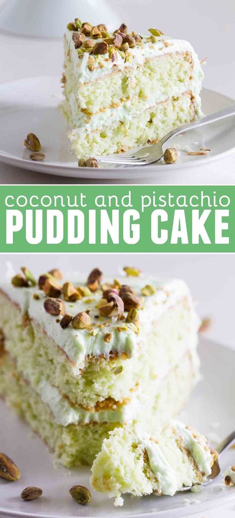 Reminiscent of the popular Watergate Cake, this Coconut and Pistachio Pudding Cake is not only pretty, but tasty as well! Moist and flavorful, this coconut and pistachio cake is topped with a creamy pistachio cream cheese frosting which takes it a step up from the traditional cake. #cake #dessert #layercake #pistachio Watergate Cake, Pistachio Pudding Cake, Pistachio Recipes, Pistachio Cream, Pistachio Pudding, Pistachio Cake, Traditional Cakes, Pudding Cake, Food Cakes