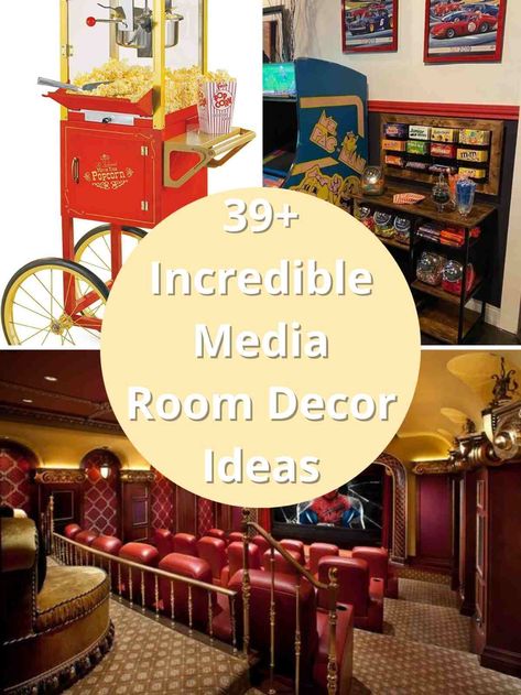 39+ Incredible Media Room Decor Ideas - PinkPopDesign Media Room Styling, Diy Movie Room Decor, Theatre Room Decor Ideas, Movie Memorabilia Room, Home Theater Entrance Ideas, Movie Theme Room Decor, Family Media Room Ideas, Movie Theatre Room Ideas, Movie Theater Living Room Ideas