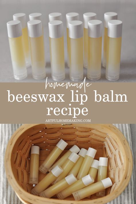 This homemade beeswax lip balm recipe has just four natural ingredients! It's so easy to make, and it takes just minutes to mix together. Beeswax Lip Balm Recipe, Bees Wax Lip Balm, Chapstick Recipe, Beeswax Diy, Cold Sore Relief, Beeswax Recipes, Homemade Lip Balm Recipe, Diy Beauty Products, Wax Lips