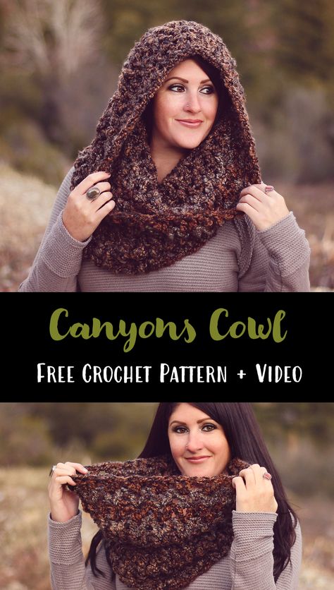 Canyons Cowl Free Crochet Pattern – Gleeful Things Hooded Cowl Pattern, Crochet Hooded Cowl, Col Crochet, Crochet Snood, Crochet Cowl Free Pattern, Crochet Hooded Scarf, Crochet Hood, Crochet Unique, Poncho Crochet