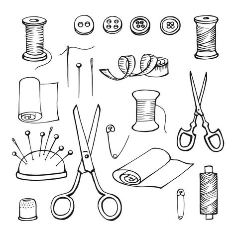 Hand drawn sewing tools. Thread, needle, pins, scissors, buttons. Vector illustration Embroidery Tools Drawing, Button Drawing Art, Sewing Drawing Art, Sewing Tattoo Ideas Simple, Sewing Needle Drawing, Sewing Tools Drawing, Needle And Thread Drawing, Scissor Illustration, Drawn Accessories