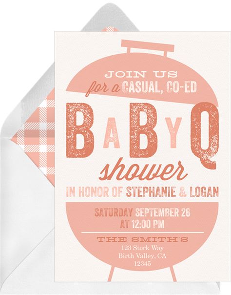 Baby Q Grill by Jen Montgomery | Greenvelope.com Pink Barbeque Party, Pre Parenthood Party, Baby Barbecue Shower Ideas, Baby Shower Cookout Ideas, Baby Q Shower Invitations, Baby Girl Bbq Shower Ideas, Babycue Ideas, Babyque Invitation, Pink Baby Q Shower Ideas