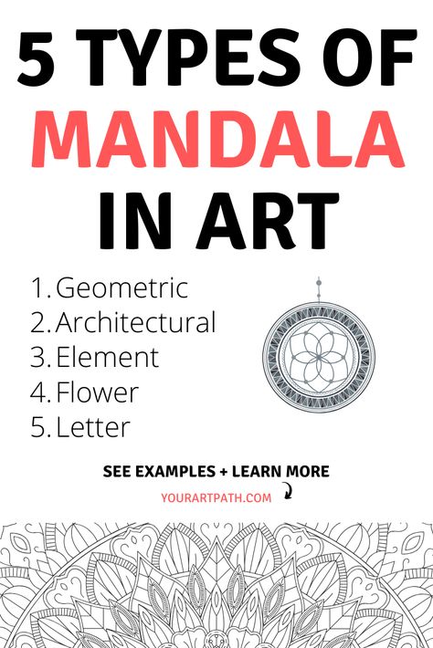 5 Types of Mandala in Art:  Geometric mandala, architectural mandala, element mandala, flower mandala and letter mandala. Click to read more! Mandala Art With Geometric Shapes, How To Color Mandalas, Mandala Art Flower Design, Mandala Elements Ideas, Geometric Mandala Drawing, Types Of Mandalas, Different Types Of Mandala Art, Advanced Mandala Art, How To Create A Mandala