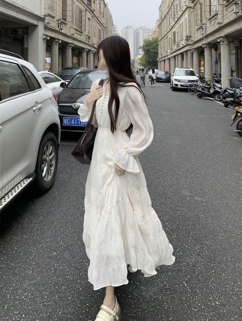 Pretty White Dresses Long, Cute Korean Long Dresses, Korean Long Dress Casual, Long Simple Dress Casual, Korean Long Dress Outfit, Long Korean Dress, Korean Dress Long, Long Sleeve Under Dress Outfits, Korean Modest Outfits