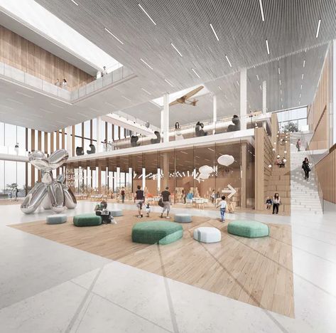 Interior View of the Exhibition Area ©1CStudio Library Competition, Community Space Design, Gwangju South Korea, Competition Architecture, Architecture Library, Public Library Design, Atrium Design, Library Pictures, Public Space Design