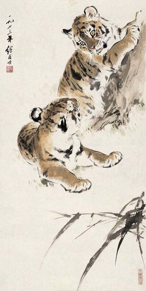 Cats in Chinese Art | DailyArt Magazine | Art History Stories Tiger Cubs, Art Chinois, Chinese Art Painting, Tiger Painting, Asian Painting, Art Asiatique, Tiger Art, Eastern Art, Art Japonais