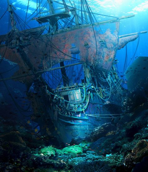 ArtStation - Sunken Pirate Ship, Andrii Prymak Sunken Ship Tattoo, Sunken Pirate Ship, Underwater Shipwreck, Trip Journal, Pirate Ship Art, Sunken Ship, Kaptan Jack Sparrow, Bateau Pirate, Underwater City