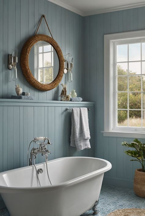 Incorporate calming Pensive Sky (SW 1195) into your coastal bathroom retreat for a serene haven. Join me for daily interior designer routines and decor inspiration! #Ad #homedecor #homedesign #bathroom #Painthome interiorarchitecture best Wall Colors for Bathroom Colors Bright Room Colors best colors combinations bathroom bathroom Remodeling Modern Paint Colors 2024 Blue Bathroom Palette, Misty Blue Bathroom, Subtle Bathroom Colors, Cozy Coastal Bathroom, Bedroom And Bathroom Paint Colors, Cornflower Blue Bathroom, All Blue Bathroom, Cape Cod Bathroom Ideas, Seaside Bathroom Ideas