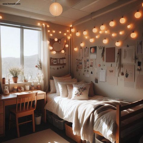 Cozy Dorm Room Hang String Lights, cozy dorm room design, cozy dorm room decor, cozy dorm room interior, cozy dorm room ideas, cozy dorm room inspiration #dormroom #cozydormroom #bedroomdesk #dorm Small Cozy Dorm Room, Simple Cute Dorm Room Ideas, Green Inspo Room, Fall Dorm Room Aesthetic, Door Room Decor College, Dorm Mood Lighting, Cozy Dorm Aesthetic, Academia Dorm Aesthetic, Aesthetic Collage Dorm Room Ideas