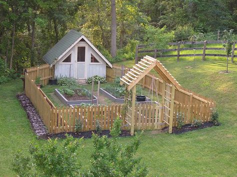 Chicken coop attached so they can enjoy the end of the harvest leftovers & fertilize at the same time. Reban Ayam, Making Raised Garden Beds, Homestead Farm, Mini Farm, Growing Grapes, Hobby Farms, Garden Layout, Farm Gardens, Veggie Garden