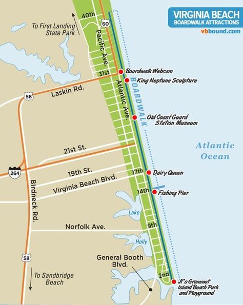 Boardwalk Attractions Map | Virginia Beach Vacation Guide Virginia Beach Boardwalk, Williamsburg Vacation, Beach Highlights, Virgina Beach, Virginia Beach Vacation, Myrtle Beach Boardwalk, Virginia Vacation, Va Beach, Virginia Travel
