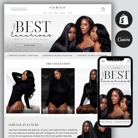 This Shopify Hair Website includes store banners that you can edit in Canva. Makeover your Shopify store with this beautifully designed website.  𝗟𝗜𝗩𝗘 𝗗𝗘𝗠𝗢: https://luxeblack-co.myshopify.com 𝗣𝗮𝘀𝘀𝘄𝗼𝗿𝗱: 1234  𝗪𝗵𝗮𝘁'𝘀 𝗜𝗻𝗰𝗹𝘂𝗱𝗲𝗱 𝗶𝗻 𝗬𝗼𝘂𝗿 𝗣𝘂𝗿𝗰𝗵𝗮𝘀𝗲: - Shopify Theme Zip File - Custom Shopping Cart   - Editable Canva Banners - Installation Guide 𝗪𝗵𝗮𝘁 𝗖𝗮𝗻 𝘆𝗼𝘂 𝗱𝗼 - Change colors, fonts & Images - Add/Remove sections on any page - Create new pages - Add Collections - Edit the banners in Canva as many times as you need! 𝗪𝗵𝗮𝘁 𝘆𝗼𝘂 𝗻𝗲𝗲𝗱 - A Shopify Account  - A Free Canva Account  - A Desktop or Laptop Computer 𝗛𝗼𝘄 𝗶𝘁 𝘄𝗼𝗿𝗸𝘀 - Purchase this Templates - Click the Download Button - Immediately Receive Theme File and Links to Canva Des Color Theme For Website, Hair Braider Website, Website Cover Page Design, Rebranding Hair Business, Hair Website Ideas, Hair Page Ideas Instagram, Hair Extension Website, Photoshoot For Hair Business, Square Website Design