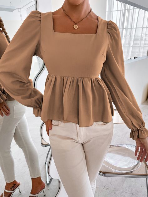 Brown Elegant  Long Sleeve Polyester Plain Peplum Embellished Non-Stretch Spring/Fall Women Tops, Blouses & Tee Women Blouses Fashion Classy, Green Blouse Outfit, Peplum Top Outfits, Women Shirt Designs, Mint Green Blouses, Blouse Peplum, Puffy Sleeve Top, Ruffle Top Blouses, Long Sleeve Peplum Top