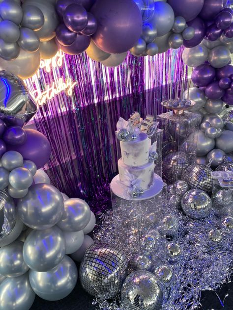 Purple And Silver Theme Party, Purple Disco Party Theme, Purple And Silver Disco Party, Purple And Silver Themed Birthday Party, Purple Disco Birthday Party, Purple Disco Cake, Sweet 16 Purple And Silver Theme, Euphoria Cake Theme, Birthday Party Ideas Purple