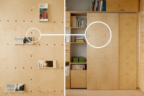 Using large sheets of plyboard as cupboard doors with small holes drilled at regular intervals to be used to hang pots or attach wire for pegging work. multifunctional artist studio in tel-aviv by raanan stern Plywood Interior, Tiny House Storage, Plywood Walls, Design Blogs, Diy Ikea, Minimal Home, Diy Décoration, Inspiration Design, Studio Space