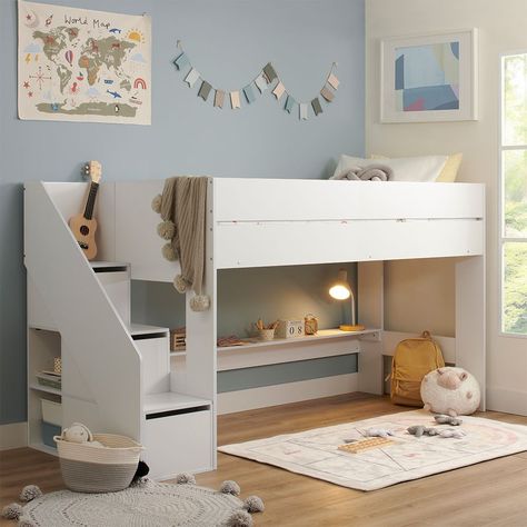 Hidden Toy Storage, Storage Stairs, Shelves And Storage, Bed With Shelves, Mid Sleeper Bed, Mid Sleeper, Sleeper Bed, Star Kids, Cabin Bed