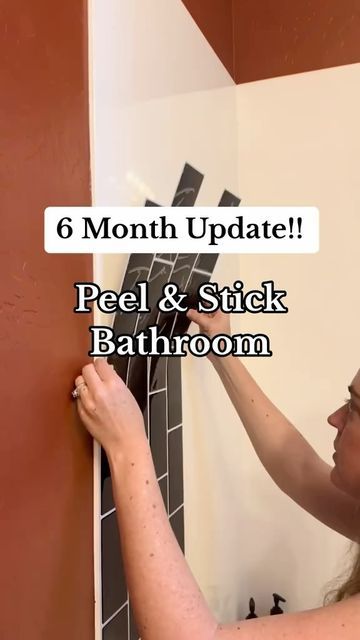 Stick On Tiles Bathroom, Stick On Vinyl Tiles, Rental Bathroom Makeover, Diy Wall Tile, Painted Shower Tile, Sticky Tile, Stick On Wall Tiles, Diy Tile Shower, Shower Makeover