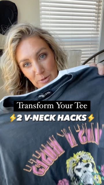 Liz Gregor-Petite and Curvy Style-Makeup for Dummies on Instagram: "Wanna level up your TShirt collar?? 🙋🏼‍♀️ Here are two ways to make that boring collar into a v-neck! ⤵️ Comment your favorite…1, 2 or BOTH! SAVE this for later!! XO-Liz💋 #diyfashion #diyfashionista #thriftedclothes #thriftedstyles #thriftedfashionfinds #styleinspo #affordablestyle #affordablefashion #curvyandpetitefashion #diystyle #budgetstyle #fashionthrift #stylediy #stylethrift #fashionhack" How To Make A T Shirt V Neck, T Shirt V Neck Diy, Couture, How To Change A Tshirt Ideas, How To Make A Crew Neck Tshirt Cute, Turn A Crew Neck Into A V Neck, Make Crew Neck Into V Neck Tee Shirts, How To Turn A Crew Neck Into A V Neck, How To Style A V Neck Tshirt