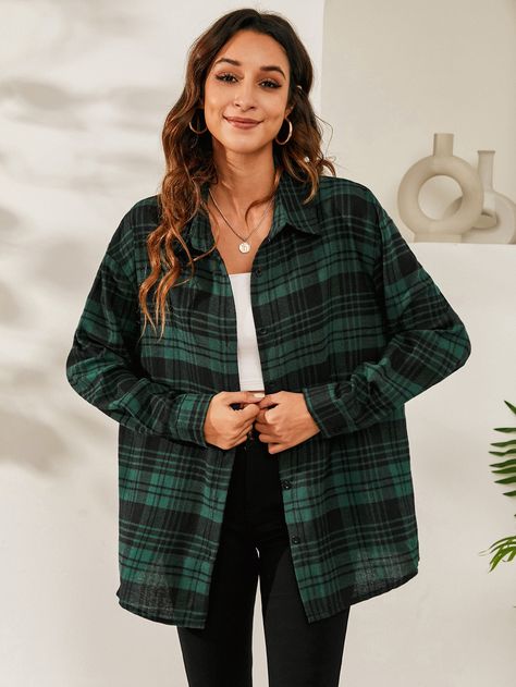 Multicolor Casual Collar Long Sleeve Fabric Plaid Shirt Embellished Non-Stretch Spring/Fall Women Tops, Blouses & Tee Green Plaid Shirt Outfit, Checkered Shirt Outfit, Green Outfits For Women, Outfits Con Camisa, Plaid Shirt Outfits, Green Plaid Shirt, Blue Mom Jeans, Drop Shoulder Shirt, Plaid Shirt Women